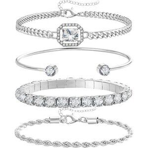 4 Pcs Dainty Gold Silver Bracelets Set for Women 14K Plated Link Cubic Zirconia